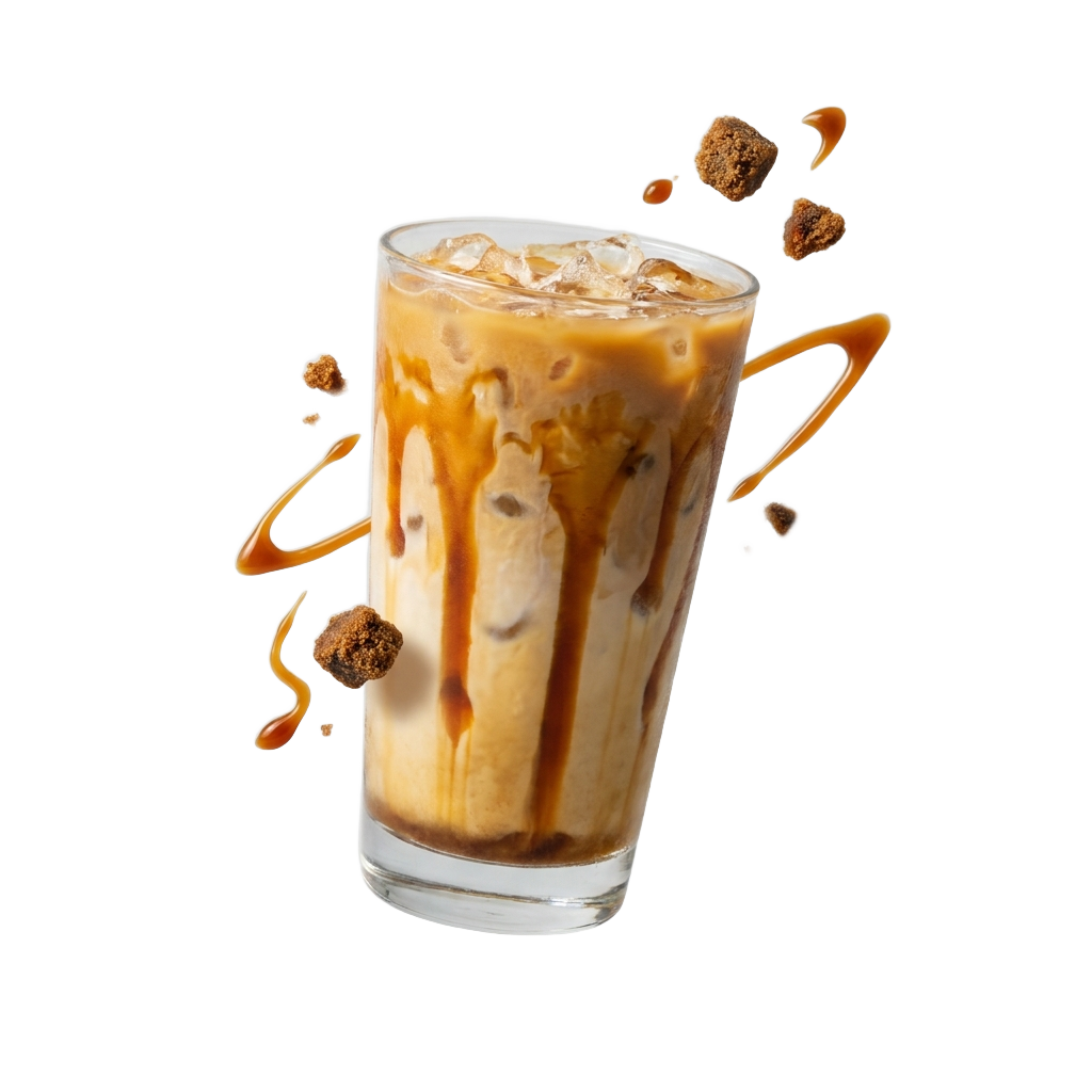 The Arnibal Latte — iced caramel brown-sugar latte with floating muscovado