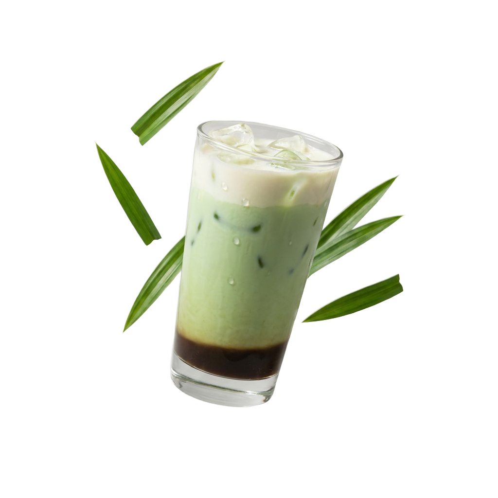 The Pandan Latte — iced jade-green pandan latte with floating pandan leaves