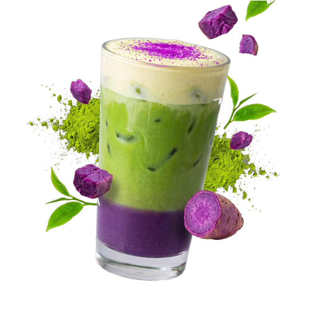 The Ube Matcha — ube layered under matcha, iced, with cold foam