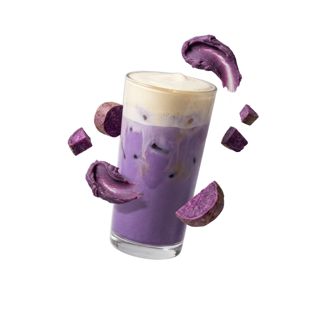 The Ube Latte — iced violet ube latte with floating ube pieces