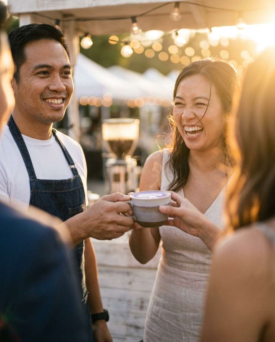 Barista handing an ube latte to a smiling guest