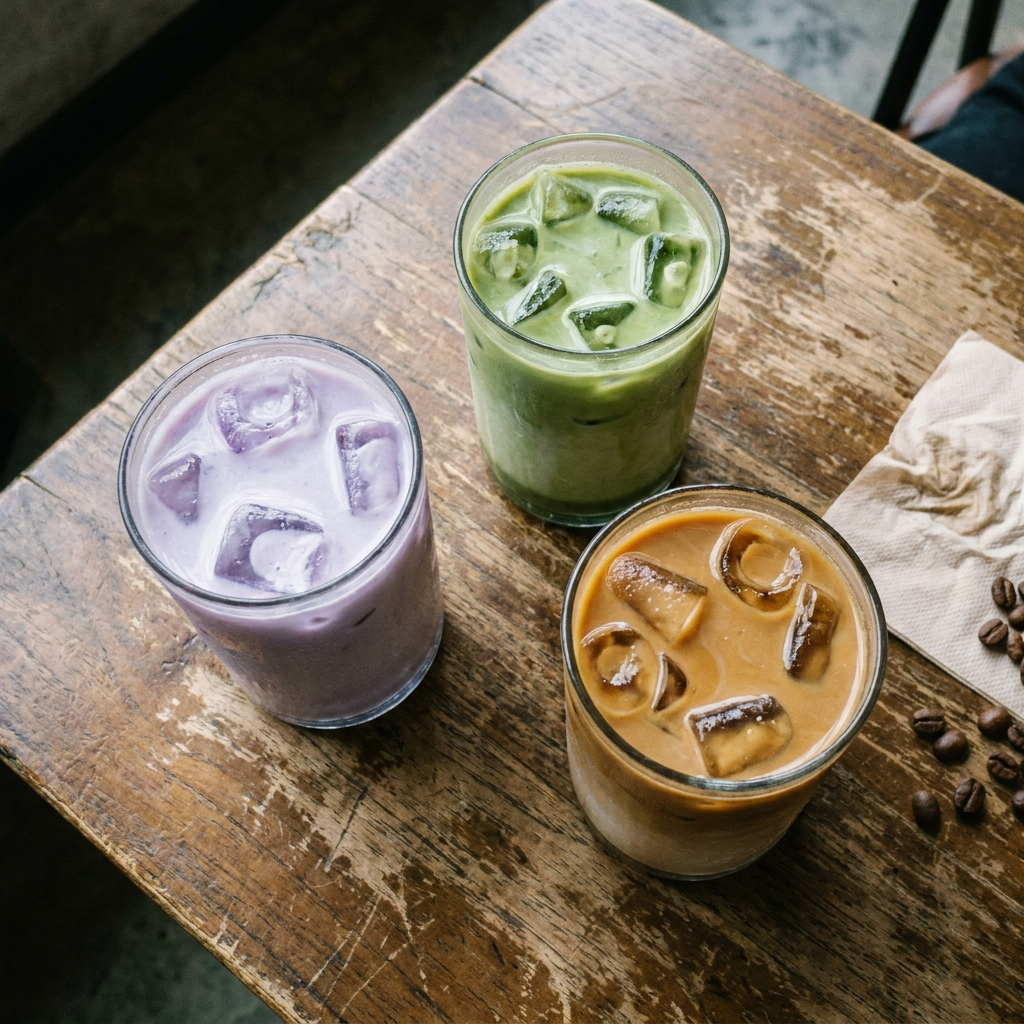 The Signature Tres — ube, pandan, and arnibal lattes